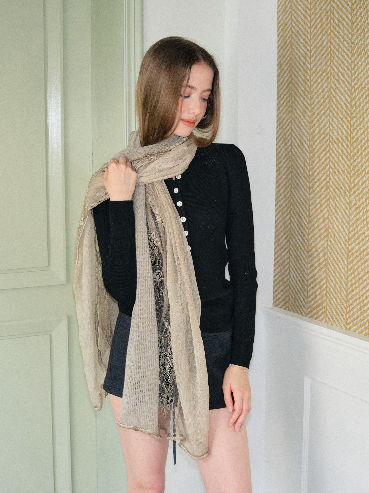 Sophisticated, high-class lace floral scarf; a versatile long scarf for stylish girls; a great accessory to accessorize.