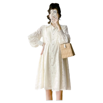 Maternity dress spring and autumn 2024 new style jacquard loose belly-covering age-reducing lapel casual long-sleeved shirt mid-length