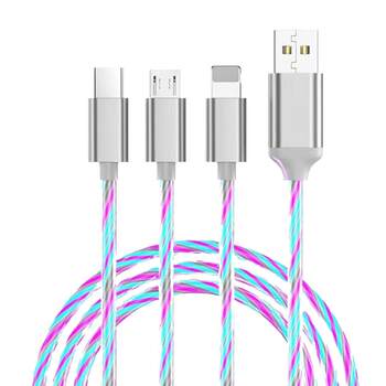 5A Super Fast Charging One-To-Three Colorful Flowing Light Data Cable Compatible with Huawei, Android, Xiaomi, Apple 12/13 Phones, Type-C Fast Charging 3-in-1 Car Light-Up Running Light Flashing Charger Cable
