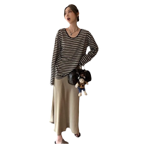 Jingqi maternity skirt two-piece suit autumn loose lazy style striped slim long-sleeved T-shirt fishtail skirt