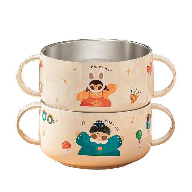 316 stainless steel children's bowl, double ear complementary food bowl, special bowl for eating, baby tableware set, anti-fall baby rice bowl