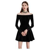 DPLAY2024 new winter style French black one-shoulder sparkling diamond dress skirt short skirt dress long sleeves for women