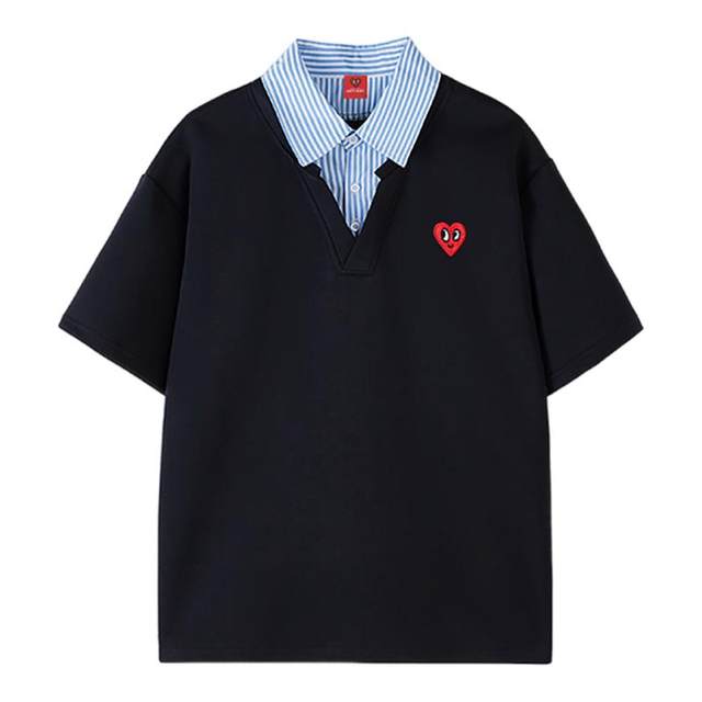 Charles Peach Heart Fake Two-Piece Shirt Collar Short Sleeve T-Shirt