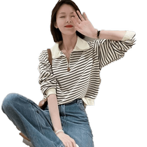 Striped long-sleeved T-shirt for women spring and autumn new age-reducing sweatshirt bottoming shirt loose slimming POLO collar knitted top