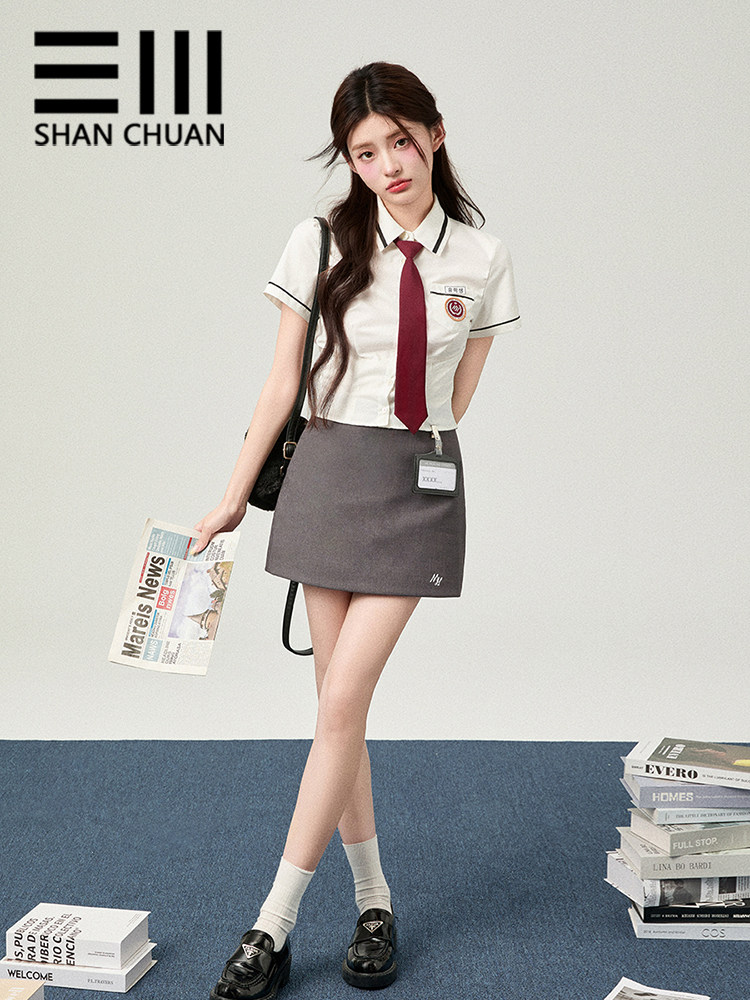 2026 Summer Short Korean Style School Uniform JK Shirt Women's Short Sleeve New Slim Fit Waist-cinching College Style Sweet Top