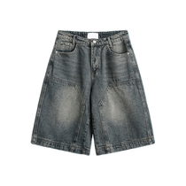 American retro washed denim shorts womens summer mens street straight wide-leg distressed casual loose cropped pants