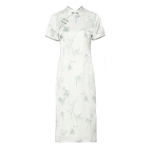 DPLAY2024 summer new Chinese style green printed short-sleeved satin national style improved cheongsam dress womens skirt