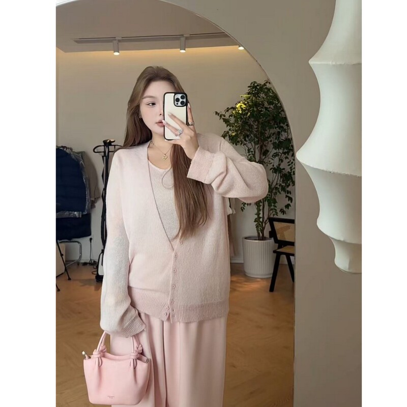【Slim Fit】Gray Mist Pink - Plus Size Deep V-Neck Fine Glitter Knit Cardigan + Wide Strap Tank Top Two-Piece Set S0250
