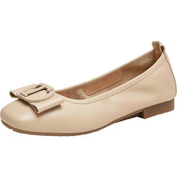 Tata he she shengqiao cream nude flat shoes women's soft sole comfortable genuine leather shoes women's square buckle nurse shoes versatile