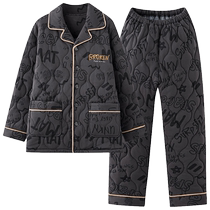 Mens pajamas winter pure cotton thickened plus velvet three-layer quilted 2024 new simple flannel home wear set