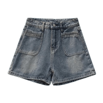 Retro blue denim shorts for women summer new high-waisted slim a-line wide-leg pants for small people casual versatile hot pants