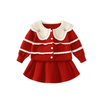 Girls Suit Autumn Clothes 2024 New Childrens Style Clothes Baby Girl One Year Old Dress Knitted Two-piece Set Autumn and Winter