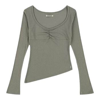 Eihey spring design sense bottoming shirt retro pleated asymmetrical v-neck slim knitted long-sleeved t-shirt for women