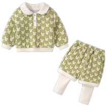 Girls suit autumn and winter 2024 new style plus velvet baby sweatshirt pants children winter baby two-piece set