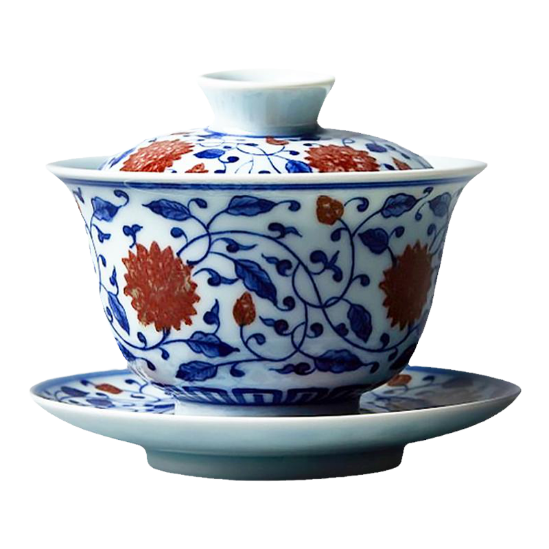 景徳鎮 青花釉里紅三才蓋碗 茶碗 煎茶器 未使用品 景徳鎮 青花釉里紅三才蓋碗 茶碗 煎茶器 未使用品