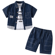 Boys suits summer clothes 2024 new handsome boys clothes baby denim shirts childrens overalls shorts summer
