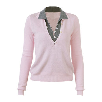 Call it a day black/pink v-neck fake two-piece polo neck sweater for women contrasting color soft waxy top autumn