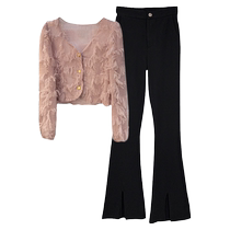 Temperament Tenderness Design Sensation Casual Suit Woman Spring Autumn Gemini to square collar Flow Su Long sleeves Jacket Casual Pants two sets