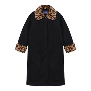 南君港风复古vintage风黑色豹纹毛呢古着娃娃领长款夹棉大衣2022