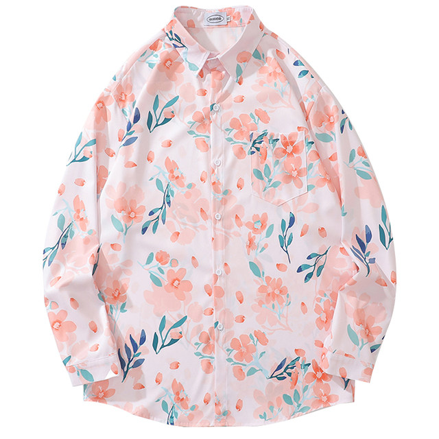 Lazy peach blossom printed shirt gentle casual men and women bf