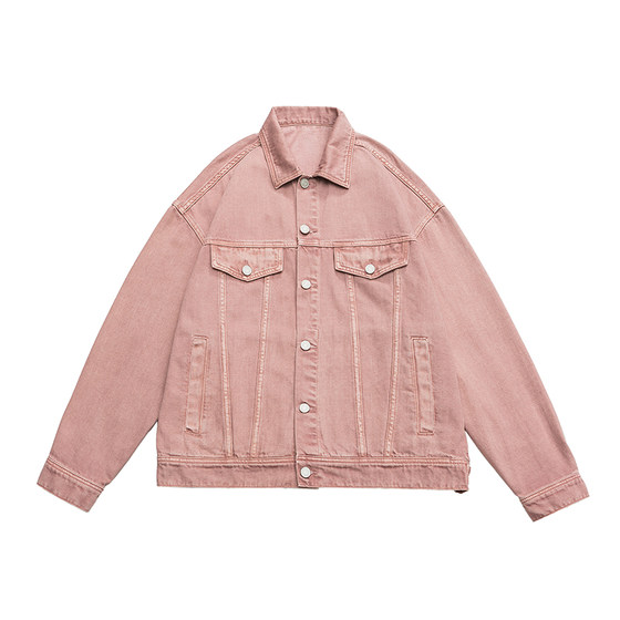 Japanese retro worker jacket male loose large size dirty pink denim exterior spring new couple lapel top