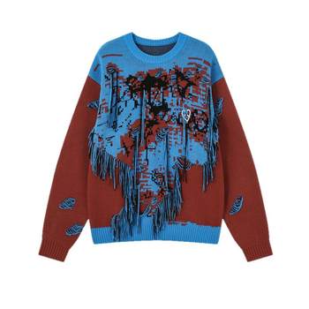 Apyd design sense contrast color round neck pullover sweater men's fashion ripped tassel hanging thread knitted sweater Apyd design sense contrast color round neck pullover sweater men's fashion ripped tassel hanging thread knitted sweater