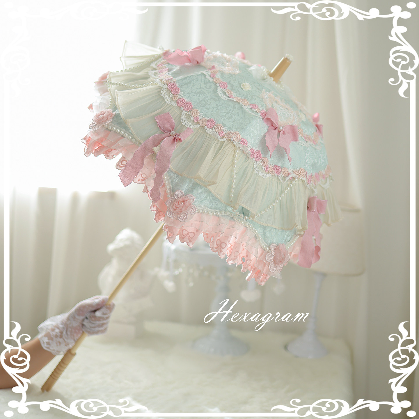 Antique cake hexagram lolita original handmade misty blue moonlight doll-like long-handled antique lace umbrella