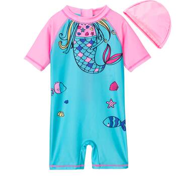 Beibei Yi Girls One-piece Swimsuit Cap Swimsuit Set Baby Beach Sunscreen Mermaid Swimsuit 2024 ຮູບແບບໃຫມ່