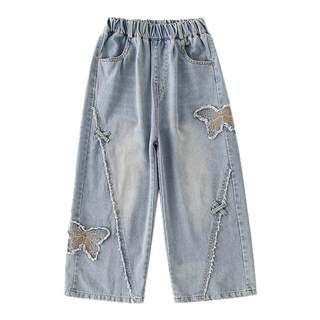 女童裤子秋冬季2025新款洋气大童蝴蝶宽松直筒儿童阔腿加绒牛仔裤