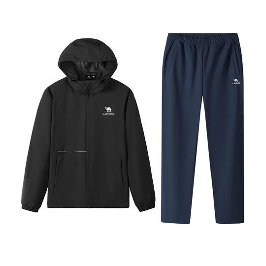 骆驼运动套装男冬季户外防泼水夹克连帽外套登山针织长裤两件套