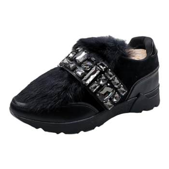 Foreign trade original single autumn and winter deep mouth single shoes black work shoes furry rhinestone flat bottom mid-heel genuine leather inner height increasing shoes for women