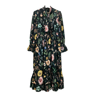 韩国chic浪漫主义 优雅花色领口系带宽松喇叭袖长款大摆型连衣裙