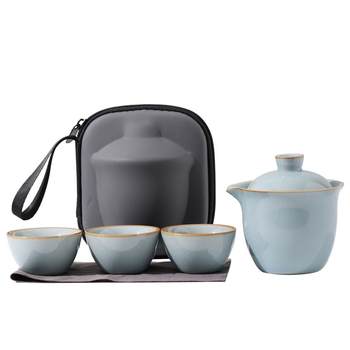 Ru kiln travel tea set one pot three cups portable tea cup