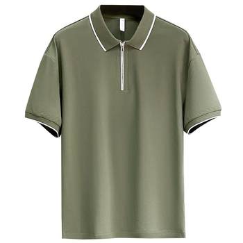 Summer thin ice silk pique cotton lapel shirt POLO men's short-sleeved loose zipper solid color casual men's T-shirt