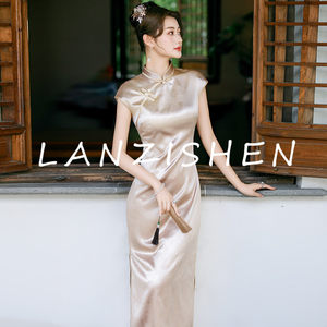 LANZISHEN纯色提花旗袍长款日常年轻复古改良新中式夏单层连衣裙