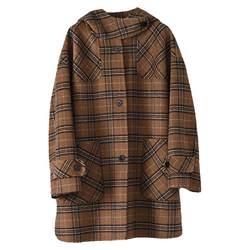 ເສື້ອຢືດຜ້າຂົນສັດແບບ Retro college hooded plaid double-sided wool coat Korean style single-breasted mid-length slim wool coat