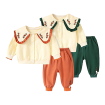 Jingqi Girls Autumn Clothing Set 2024 New Doll Collar Childrens Fashion Casual Baby Long Sleeve Spring and Autumn Two-piece Set