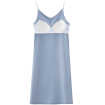 Robe camisole en soie avec coussinets dallaitement pour femmes col en v anti-exposition doublure de jupon vêtements intérieurs mi-longs