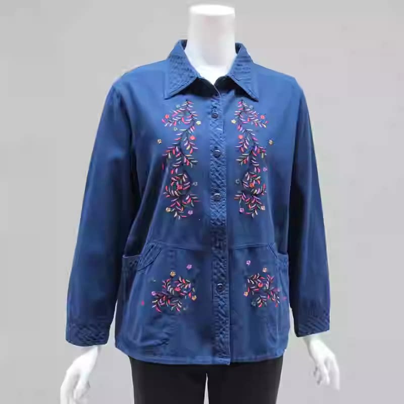 เสื้อเชิ้ตแขนยาวสำหรับผู้สูงอายุ ฤดูใบไม้ผลิและฤดูใบไม้ร่วง เสื้อผ้าสำหรับคุณแม่อายุ 60 ปี เสื้อเชิ้ตผ้าฝ้ายแท้ เสื้อปักลายสำหรับสตรี เสื้อของคุณยายอายุ 70 ปี