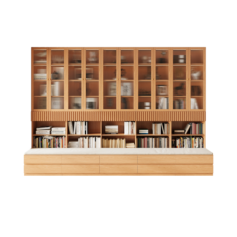 Solid wood custom deck bookcase integrated whole wall living room bookshelf oak full wall storage floor-standing glass display cabinet