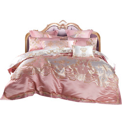 European -style high -end luxury bed supplies four -piece cotton four -piece light luxury romantic pink pink tributary satin flower wedding quilt