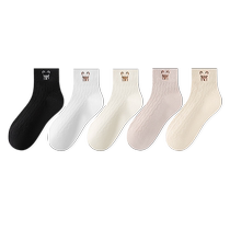 Catman Socks Womens Mid-calf Socks Spring and Autumn Cute Cartoon Embroidered Bear Cotton Socks Summer Thin White Stockings