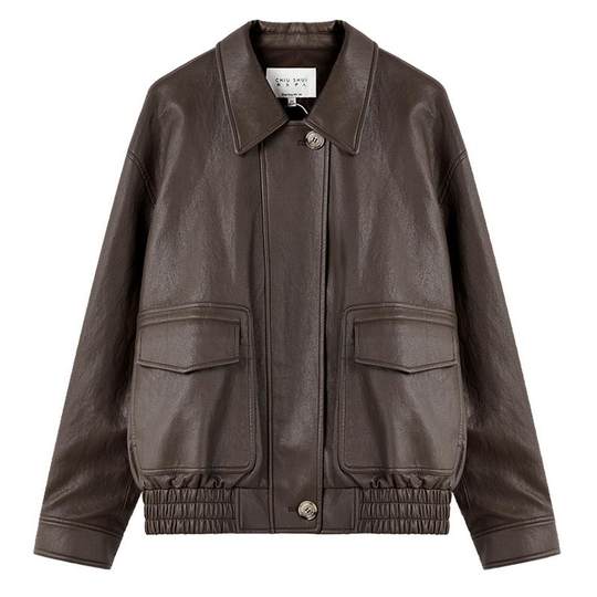 秋水伊人百搭翻领皮衣外套女2025秋冬新款咖色气质设计感皮夹克