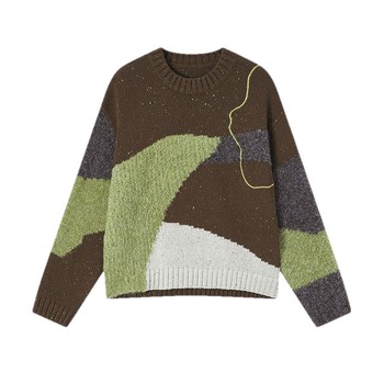 Birds and new wine splicing design round neck sweater for women 2025 winter new pullover sweater top