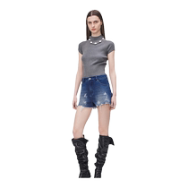 Fabrique pure cotton splash-ink distressed white ripped high-waisted denim shorts for women 2024 autumn new product