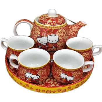Hong kong style wedding bride groom girl cartoon tea cup