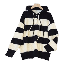 Tide card 2024 autumn winter new Korean version net red and lazy wind black and white striped loose with cap wool knitted sweater