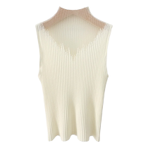 Camisole tricotée à demi-col roulé féminine et polyvalente costume à col mi-long avec haut sans manches en maille légèrement transparent