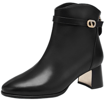 Qianbaidu Thick High Heel Cream Boots Womens 2024 Winter New Sheepskin French Fashion Boots Commuting Short Boots