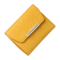 High face value genuine leather short folding small wallet woman temperament 2023 new fashion inlaid with yellow strokes and money clip